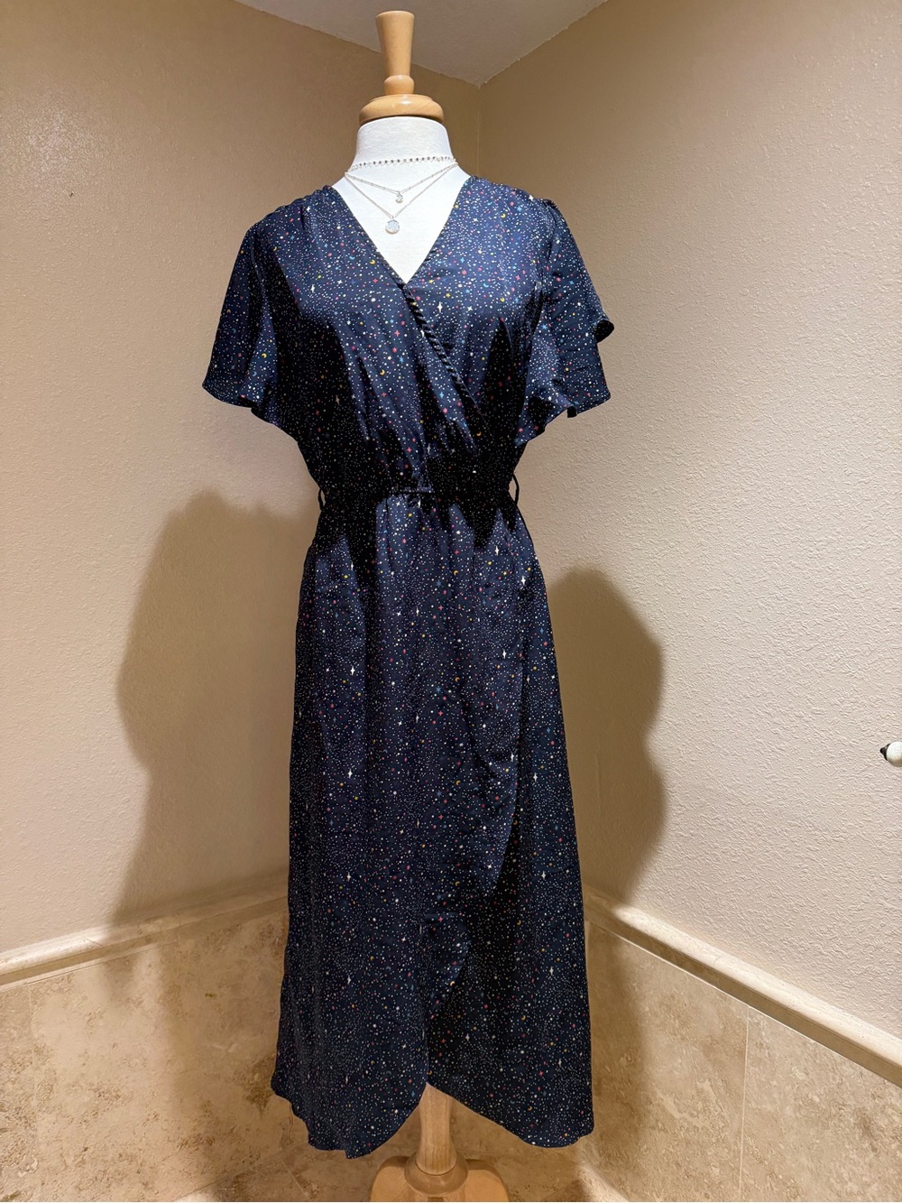 Navy Midi Wrap Dress with Multi-Color galaxy stars